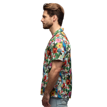 Feestbazaar Tropische Blouse Papegaai Bloemen Korte Mouw