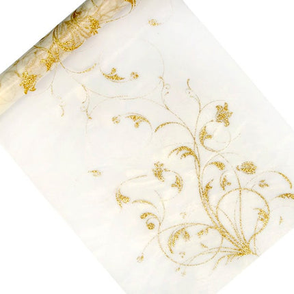 Feestbazaar Vanille Creme Organza op Rol Gouden Bloemen (9m x 0.36m)