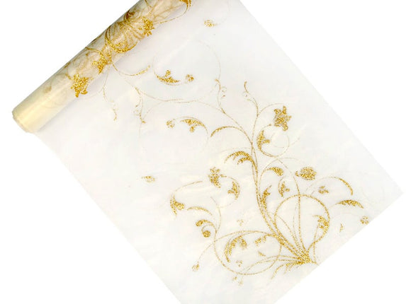 Feestbazaar Vanille Creme Organza op Rol Gouden Bloemen (9m x 0.36m)