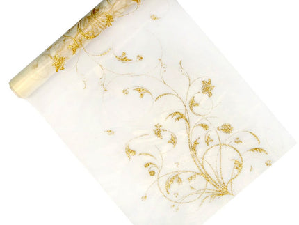 Feestbazaar Vanille Creme Organza op Rol Gouden Bloemen (9m x 0.36m)