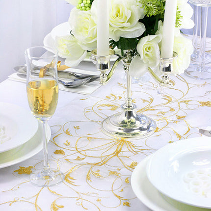 Feestbazaar Vanille Creme Organza op Rol Gouden Bloemen (9m x 0.36m)