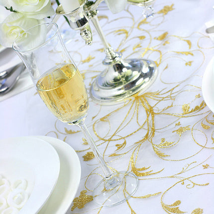 Feestbazaar Vanille Creme Organza op Rol Gouden Bloemen (9m x 0.36m)