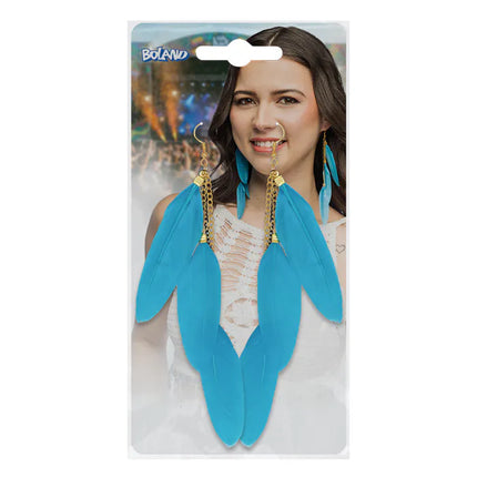 Feestbazaar Veren oorbellen BoHo Blue Party