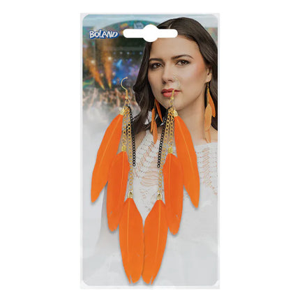 Feestbazaar Veren Oorbellen Boho Orange Party