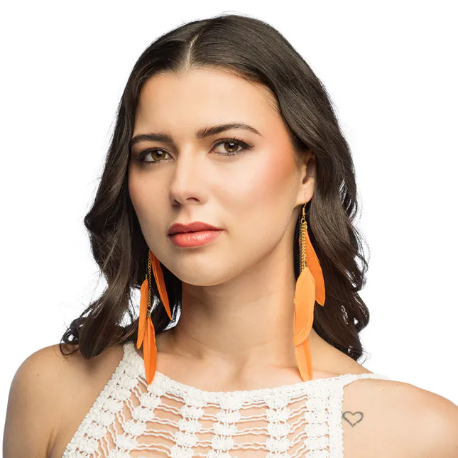 Feestbazaar Veren Oorbellen Boho Orange Party