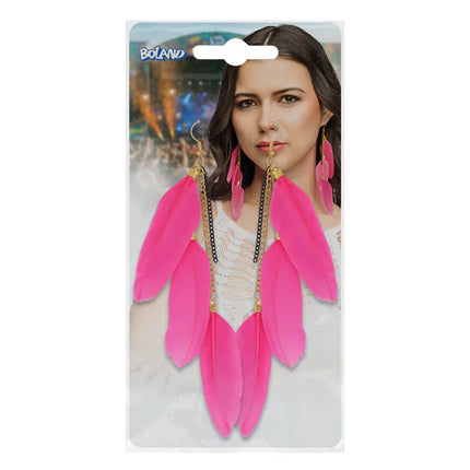 Feestbazaar Veren Oorbellen BoHo Pink Party