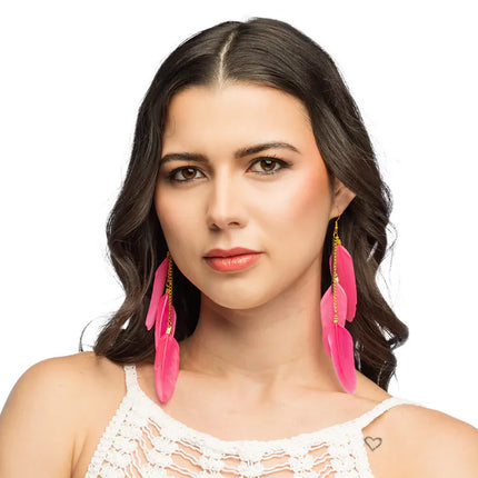Feestbazaar Veren Oorbellen BoHo Pink Party