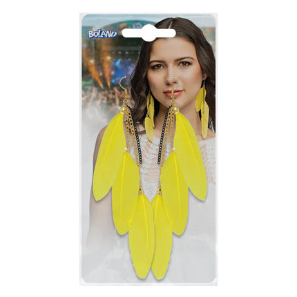 Feestbazaar Veren Oorbellen BoHo Yellow Party