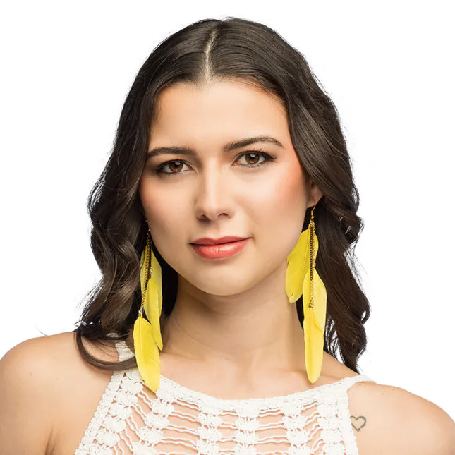 Feestbazaar Veren Oorbellen BoHo Yellow Party