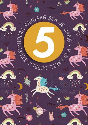 Feestbazaar Verjaardagskaart 5 Jaar Unicorns