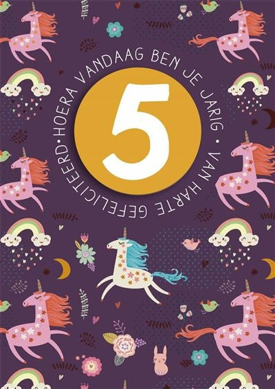 Feestbazaar Verjaardagskaart 5 Jaar Unicorns