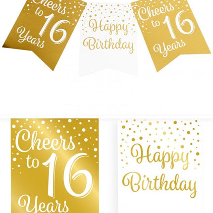 Feestbazaar Verjaardagsslinger Vaandel 16 jaar Goud/Wit (6m)
