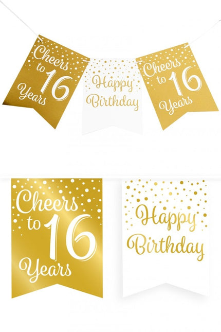 Feestbazaar Verjaardagsslinger Vaandel 16 jaar Goud/Wit (6m)