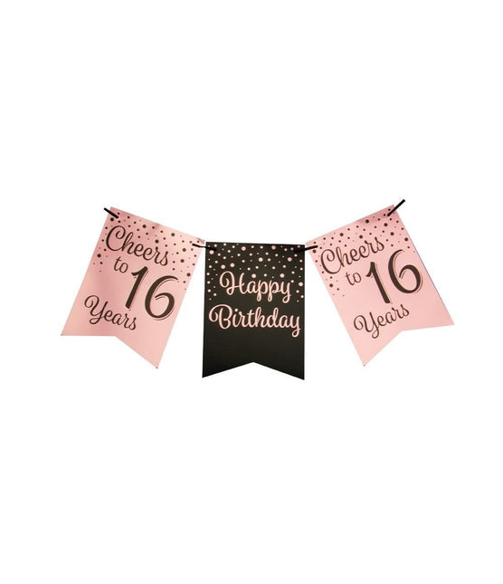 Feestbazaar Verjaardagsslinger Vaandel 16 Jaar Roze/Zwart (6m)