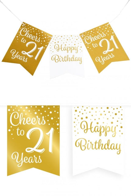 Feestbazaar Verjaardagsslinger Vaandel 21 jaar Goud/Wit (6m)