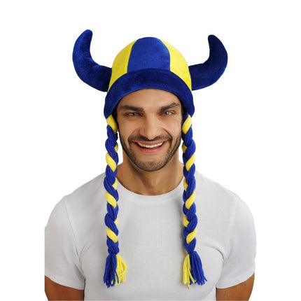 Feestbazaar Viking Muts Met Vlechten Blauw/Geel Zweden