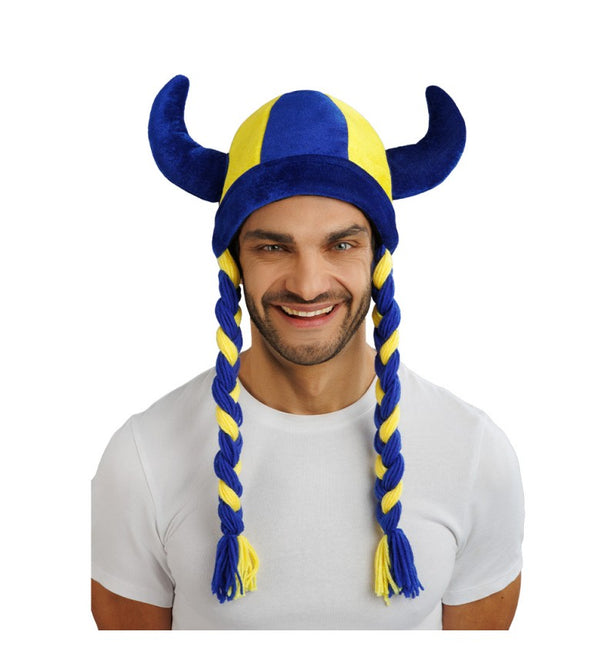Feestbazaar Viking Muts Met Vlechten Blauw/Geel Zweden