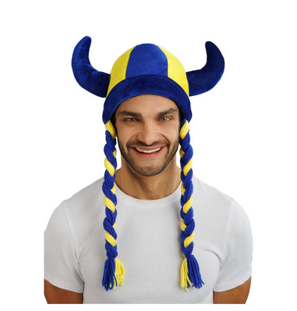 Feestbazaar Viking Muts Met Vlechten Blauw/Geel Zweden