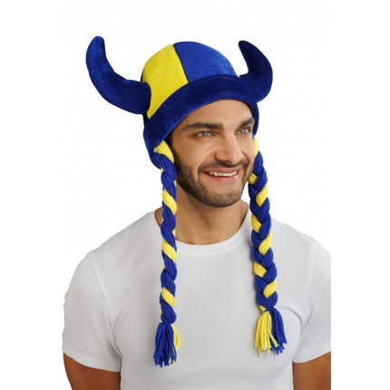 Feestbazaar Viking Muts Met Vlechten Blauw/Geel Zweden
