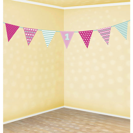 Feestbazaar Vlaggenlijn 1 Jaar Roze/Mintgroen (1,35m)