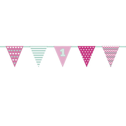 Feestbazaar Vlaggenlijn 1 Jaar Roze/Mintgroen (1,35m)
