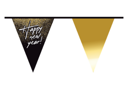 Feestbazaar Vlaggenlijn Happy New Year Zwart/Goud (10m)