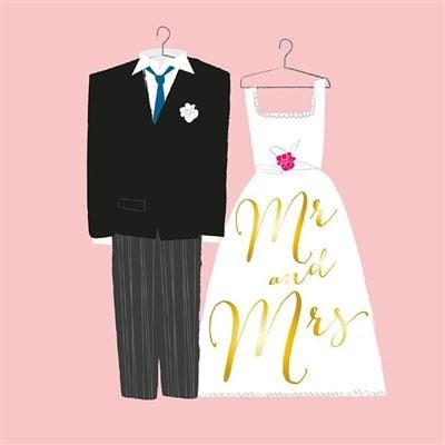 Feestbazaar Wenskaart Bruiloft Mr & Mrs Trouwpak/Bruidsjurk
