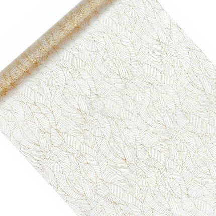 Feestbazaar Witte Organza op Rol Gouden Bladeren (9m x 0.48m)