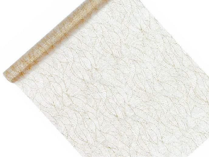 Feestbazaar Witte Organza op Rol Gouden Bladeren (9m x 0.48m)
