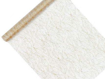 Feestbazaar Witte Organza op Rol Gouden Bladeren (9m x 0.48m)