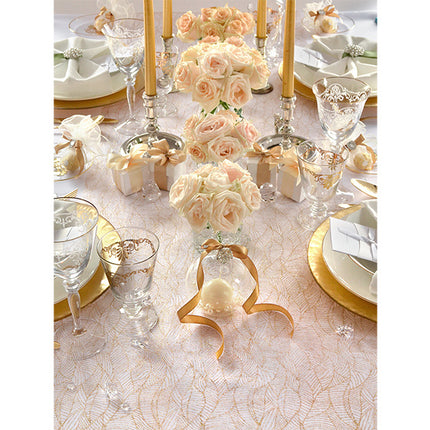 Feestbazaar Witte Organza op Rol Gouden Bladeren (9m x 0.48m)