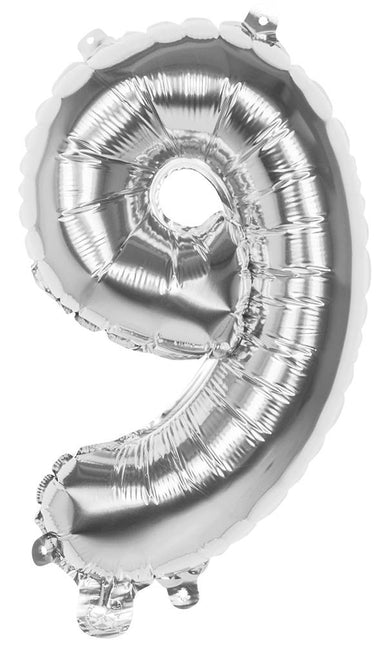 Feestbazaar Zilveren folieballon cijfer '9' 36cm