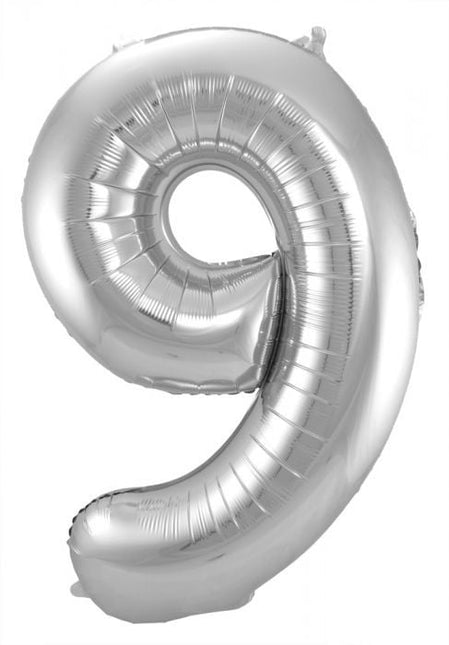 Feestbazaar Zilveren Folieballon Cijfer 9 - 86 cm