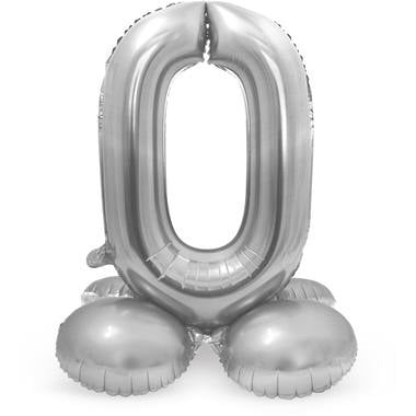 Feestbazaar Zilverkleurig Folieballon Cijfer 0 Op Standaard  (72 cm)